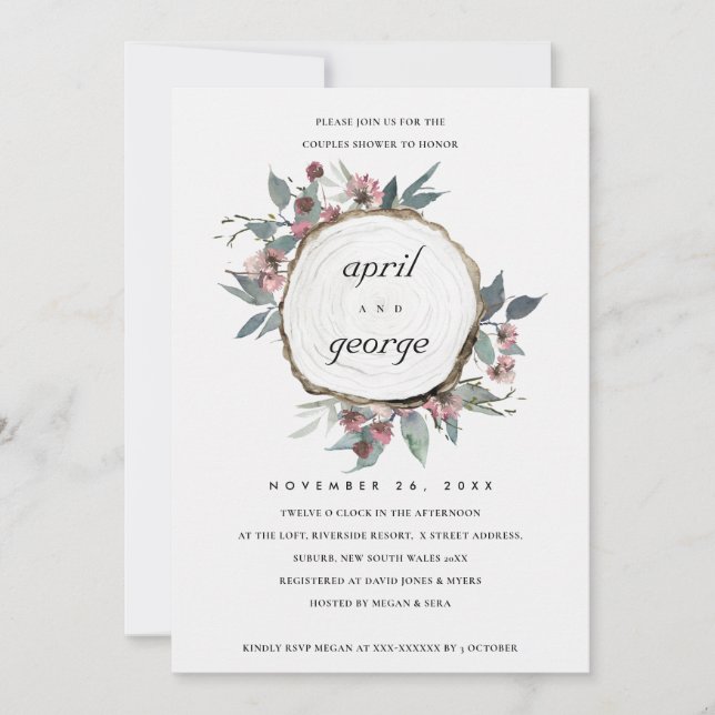 CONVITE DE CHÁ DE CASAIS FLORAIS DE MADEIRA RUSTIÇ (Frente)