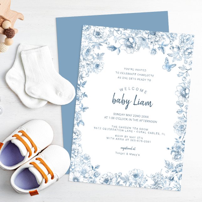 Convite de Chá de fraldas Chinoiserie Azul para Me (Dusty Blue Baby Shower Invitation)