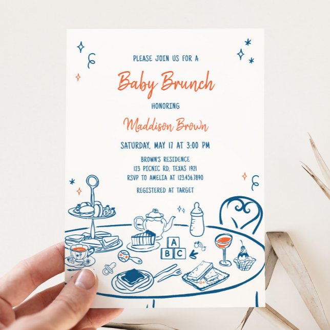 Convite de Chá de fraldas de Parte Desenhada à Mão (Hand Drawn Baby Brunch Party Baby Shower Invitation
)