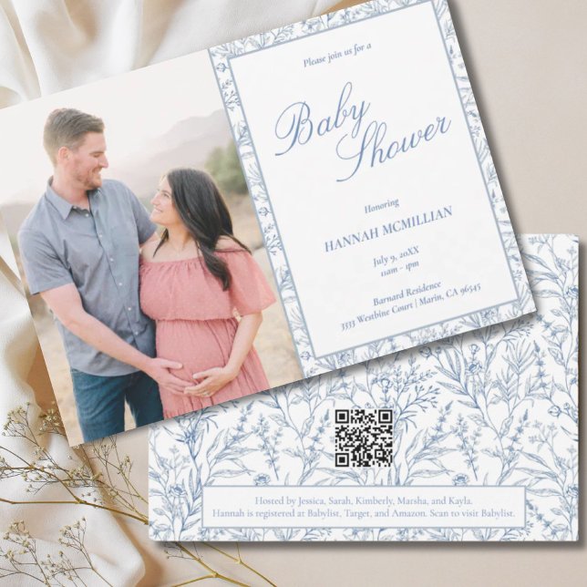 Convite de Chá de fraldas Desenho de Linha Azul Bo (Botanical Blue Line Drawn Baby Shower Invitation
)