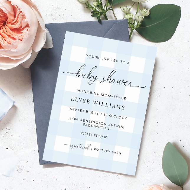 Convite de Chá de fraldas Gingham Azul (Baby Shower Invitation Blue Gingham Check)