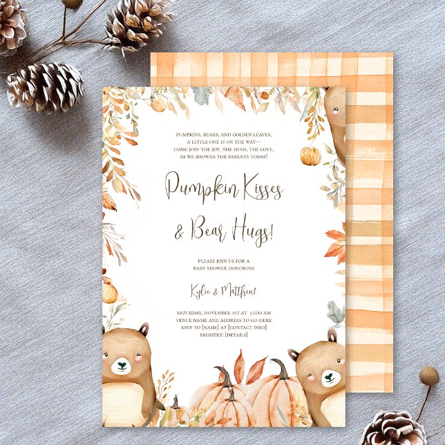 Convite de Chá de fraldas para abraços e abraços d (Pumpkin Kisses & Bear Hugs! Celebrate the parents-to-be with this cozy fall woodland baby shower)