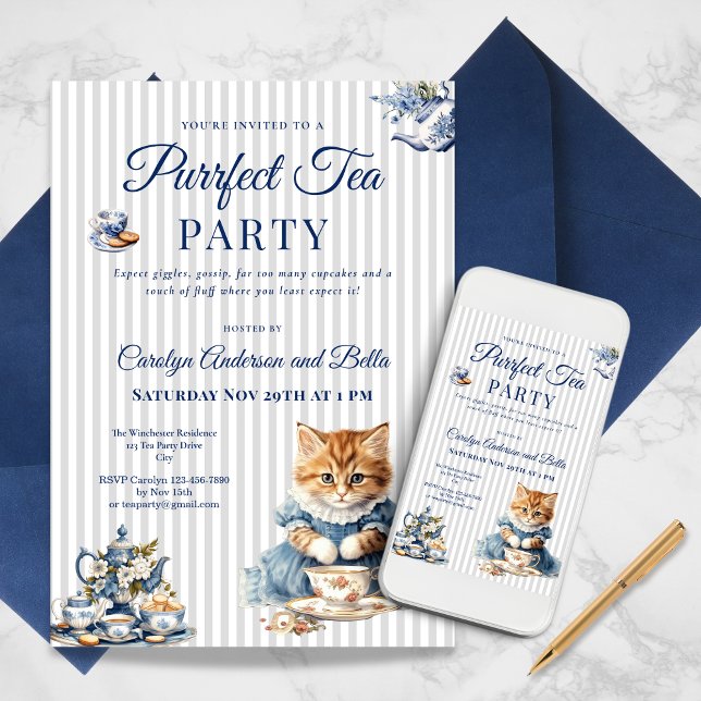 Convite de Chá de Gato Elegante Template (Elegant Cat Tea Party Invitation Template)