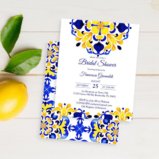 Convite de chá de lingerie com azulejos Talavera a (Talavera azulejo Maiolica blue tiles Mediterranean Mexican bridal shower affordable budget invite )