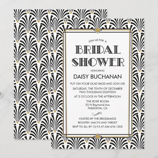 Convite de Chá de Noiva Art Deco Gatsby (Frente/Verso)
