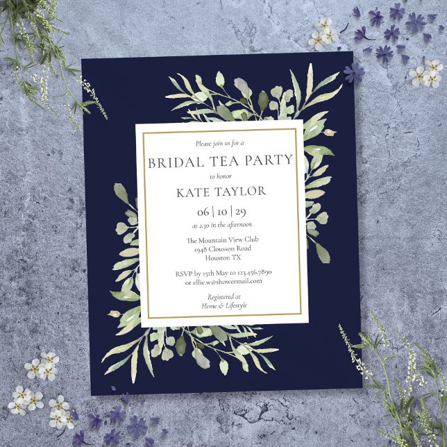 Convite de Chá de Noiva Azul Marinho com Verde Eco (Budget Greenery Navy Blue Bridal Tea Party Invite)