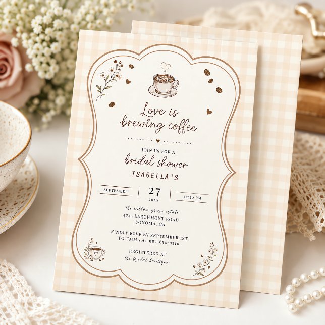 Convite de Chá de Noiva Bege Rústico Café Amor Est (Love Is Brewing Coffee Rustic Beige Custom Invitation)