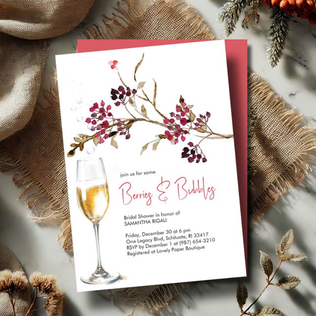 Convite de Chá de Noiva Berries & Bubbles para Fes (Bridal Shower invitations brunch and bubbly fall and winter design botanical berries and champagne)