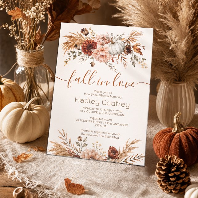 Convite de Chá de Noiva Boho Floral Pumpkin Fall i (Boho Floral Pumpkin Fall in Love Bridal Shower Invitation)