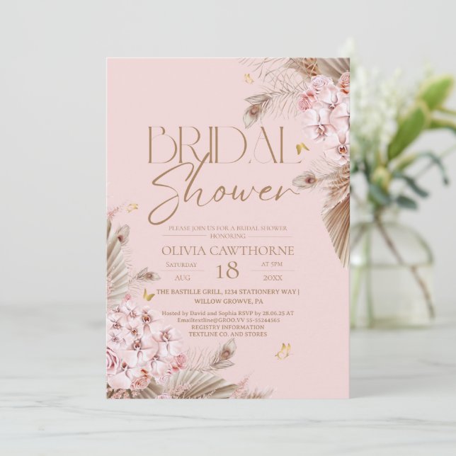 Convite de Chá de Noiva Boho Rústico Rosa (Em pé/Frente)