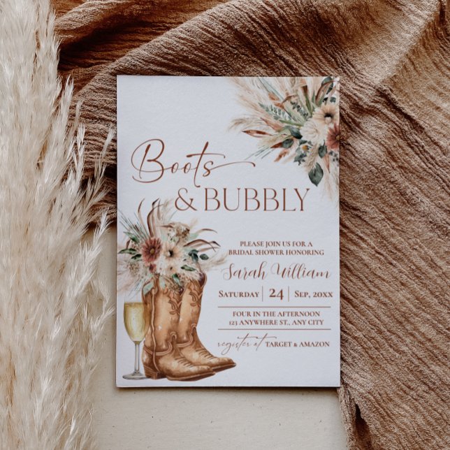 Convite de Chá de Noiva: Botas e Espuma (Boots and Bubbly Bridal Shower Invitation | Rustic Western Boho Terracotta Invite)