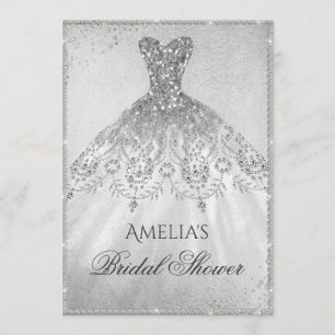 Convite de Chá de Noiva Brilho Prata Vestido