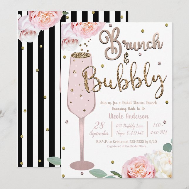 Convite de Chá de Noiva Brunch & Bubbly Champagne  (Frente/Verso)