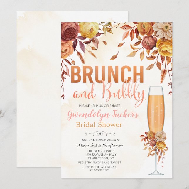 Convite de Chá de Noiva Brunch e Bubbly (Frente/Verso)
