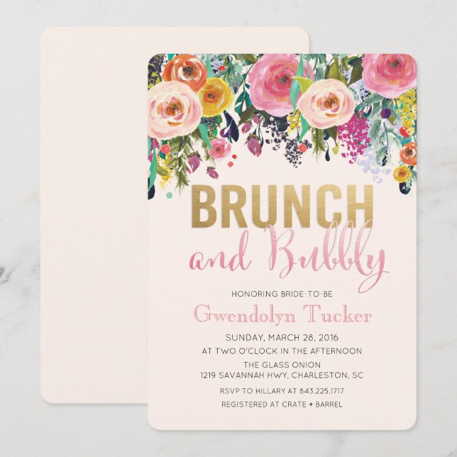 Convite de Chá de Noiva Brunch e Bubbly (Frente/Verso)