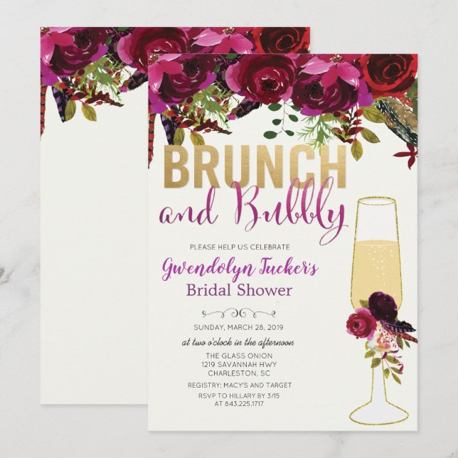 Convite de Chá de Noiva Brunch e Bubbly (Frente/Verso)