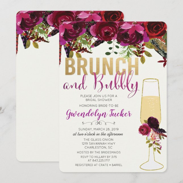 Convite de Chá de Noiva Brunch e Bubbly (Frente/Verso)