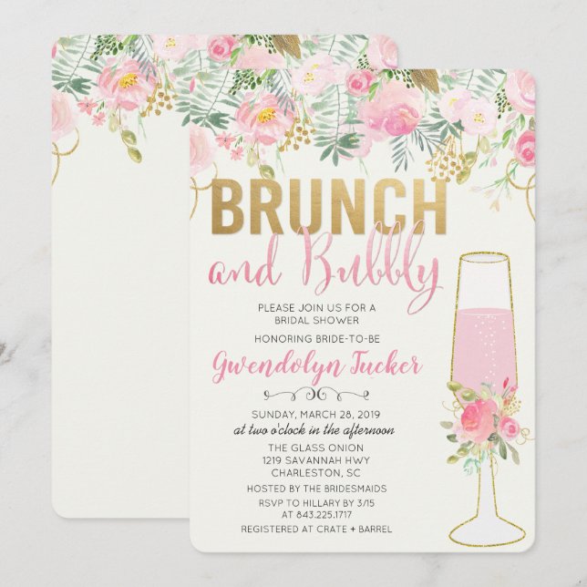 Convite de Chá de Noiva Brunch e Bubbly (Frente/Verso)