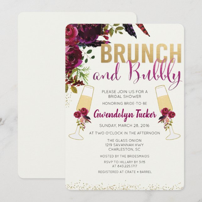 Convite de Chá de Noiva Brunch e Bubbly (Frente/Verso)