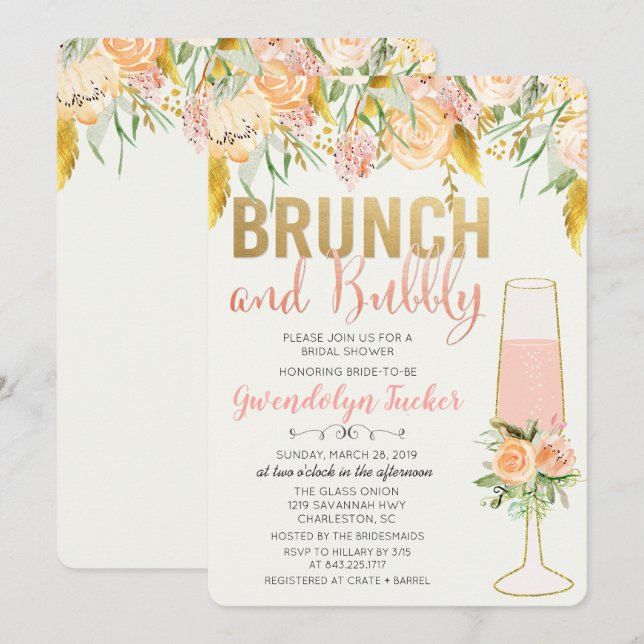Convite de Chá de Noiva Brunch e Bubbly (Frente/Verso)