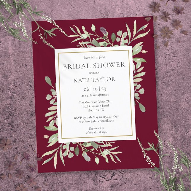 Convite de Chá de Noiva Burgundy com Vegetação den (Budget Bridal Shower Greenery Burgundy Invitation)