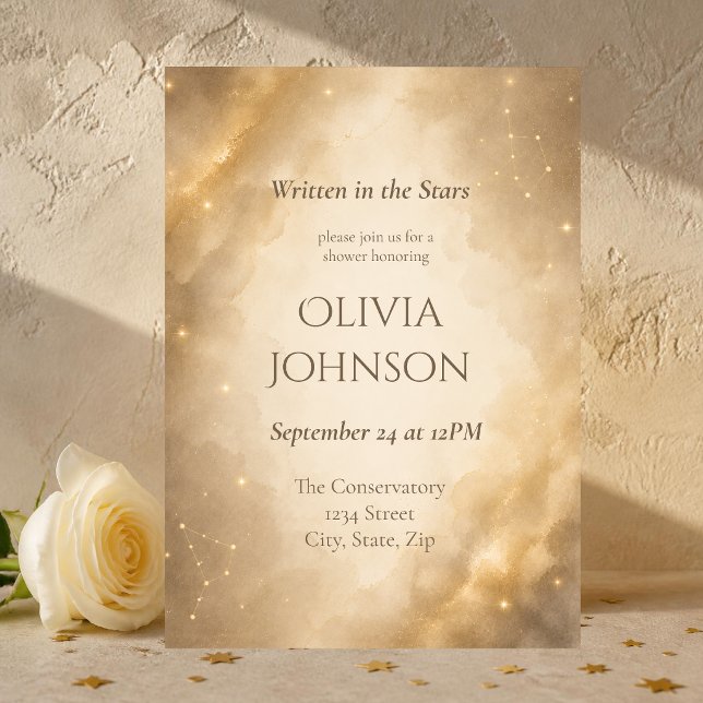Convite de Chá de Noiva Celestial Elegante | Marfi (Luxury ivory and gold celestial bridal shower invitation with elegant watercolor and gold stars.)