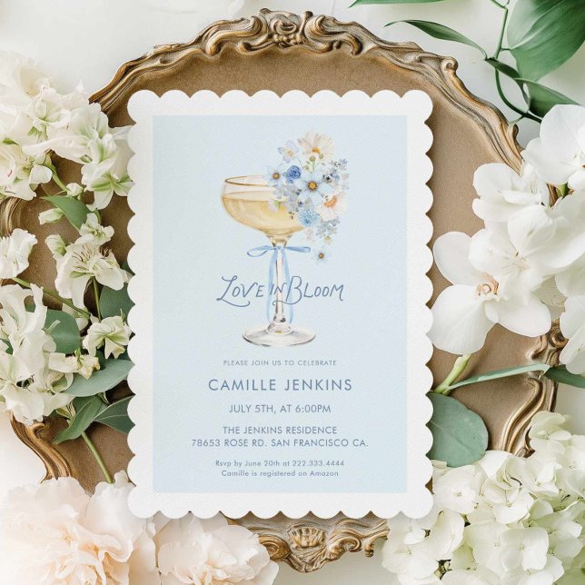 Convite de Chá de Noiva Champanhe Blue Love in Blo (Blue Champagne Brunch Love in Bloom Bridal Shower Invitation)