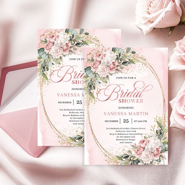 Convite de Chá de Noiva Chic Dusty Pink com Folhag (Chic Dusty Pink Greenery Bridal Shower Invitation)