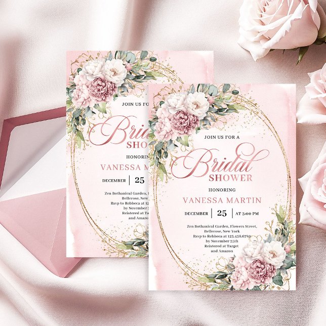 Convite de Chá de Noiva Chic em Dourado Rosa com F (Chic Rose Gold Greenery Bridal Shower Invitation)
