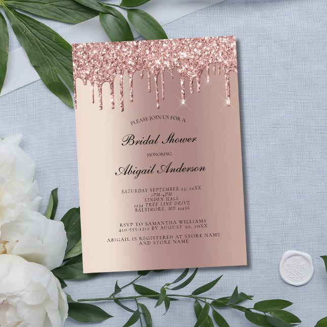 Convite de Chá de Noiva com Brilho Dourado Rosa (Rose Gold Dripping glitter Bridal Shower Invitation)