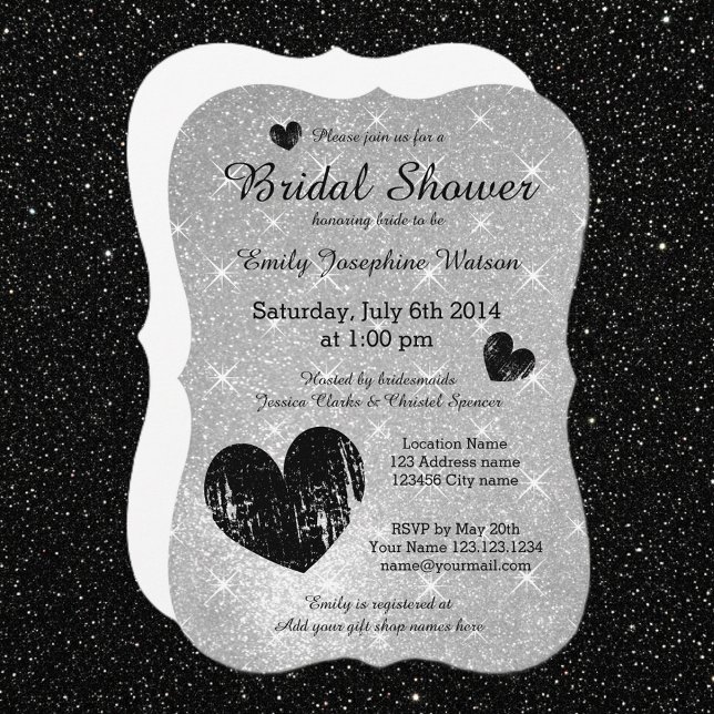 Convite de chá de noiva com brilho preto e prata f (silver bridal shower invitations)