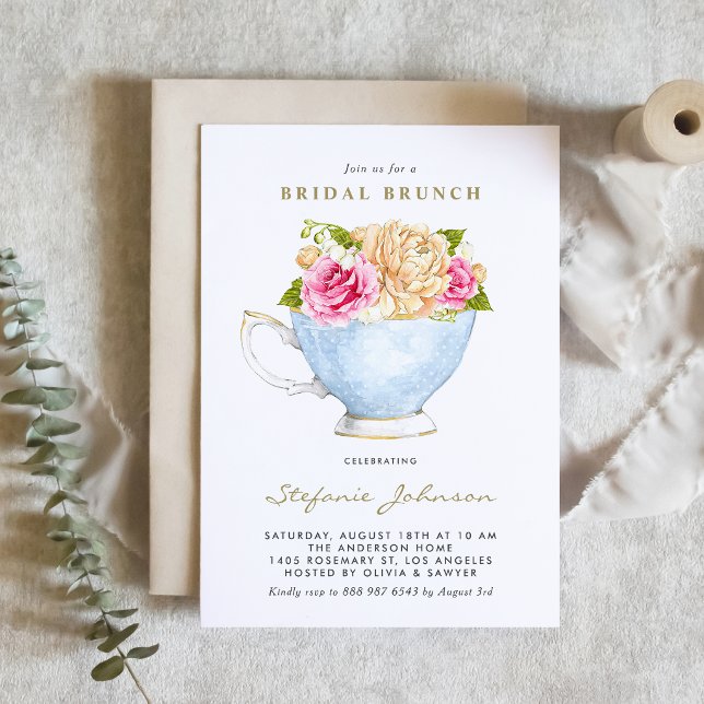 Convite de Chá de Noiva com Código QR de Flores em (Cottagecore Bridal Brunch QR Code Invitation with Watercolor Roses and Lily of the Valley Teacup. )