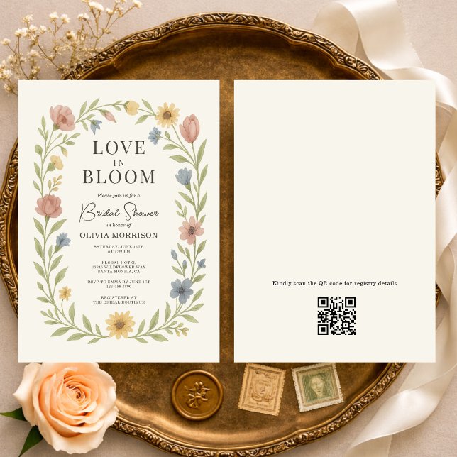 Convite de Chá de Noiva com Código QR Floral Love  (Criador carregado)