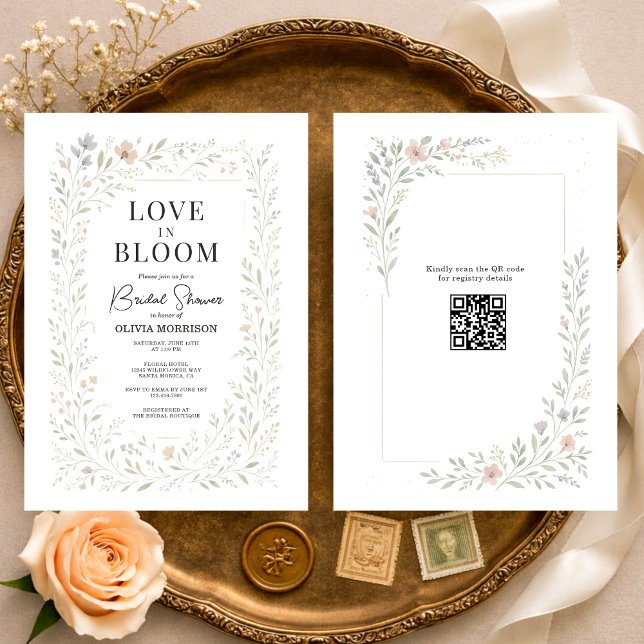 Convite de Chá de Noiva com Código QR 'Love in Blo (Criador carregado)