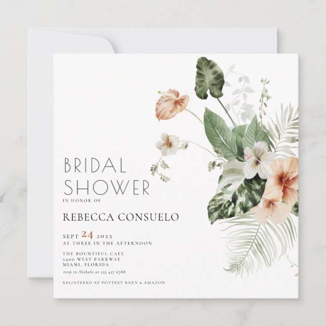 Convite de Chá de Noiva com Flora Delicada e Verde (Frente)