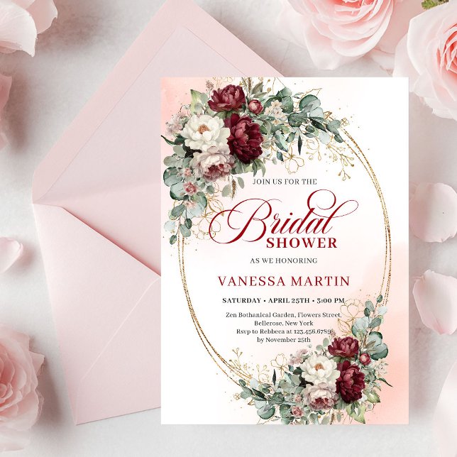 Convite de Chá de Noiva com Florais Brancos de Bor (Soft Burgundy White Florals Bridal Shower Invitation)