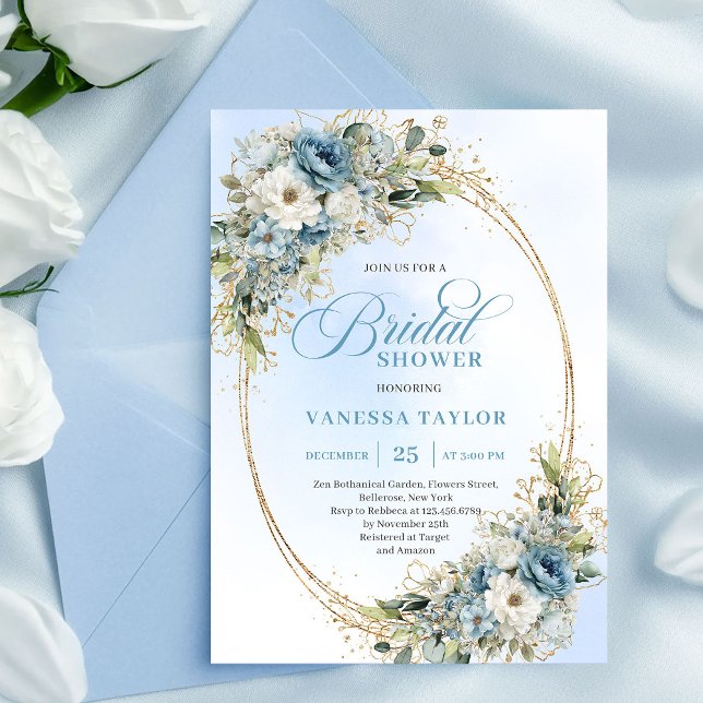 Convite de Chá de Noiva com Flores Azuis Empoeirad (Romantic Dusty Blue Flowers Bridal Shower Invitation)