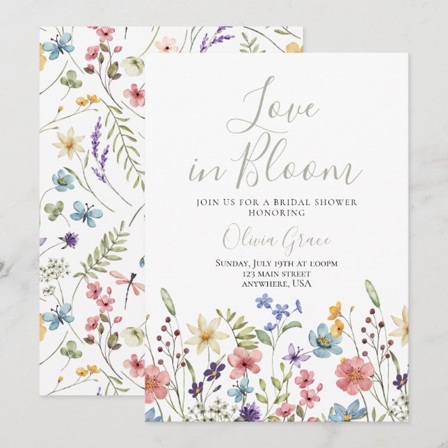 Convite de chá de noiva com flores silvestres Love (Frente/Verso)
