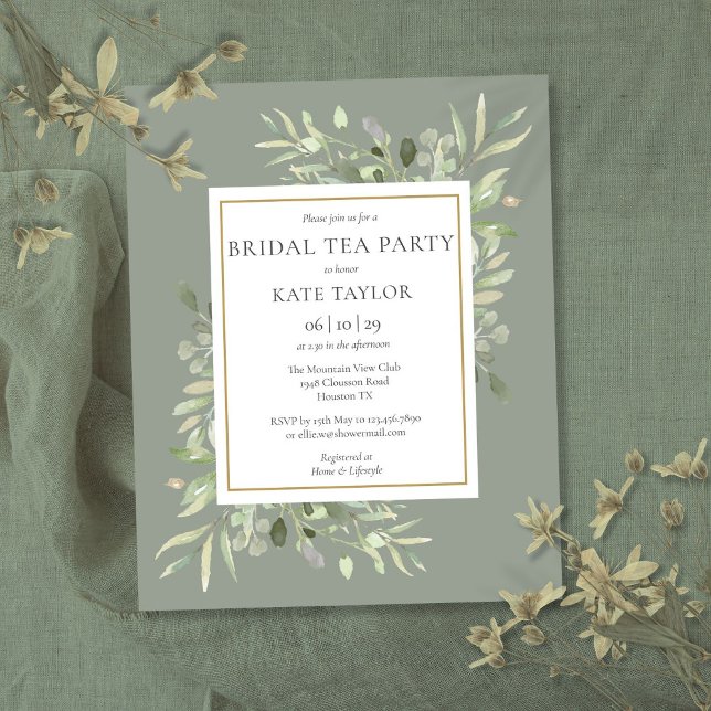 Convite de chá de noiva com folhagem verde cinza e (Budget Sage Green Foliage Bridal Tea Party Invite)