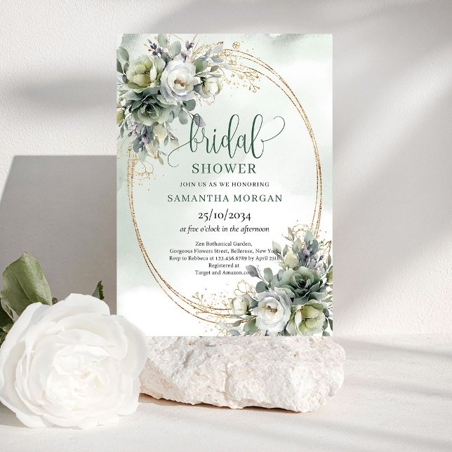 Convite de Chá de Noiva com Folhagem Verde Empoeir (Dusty Green Foliage Bridal Shower Invitation)