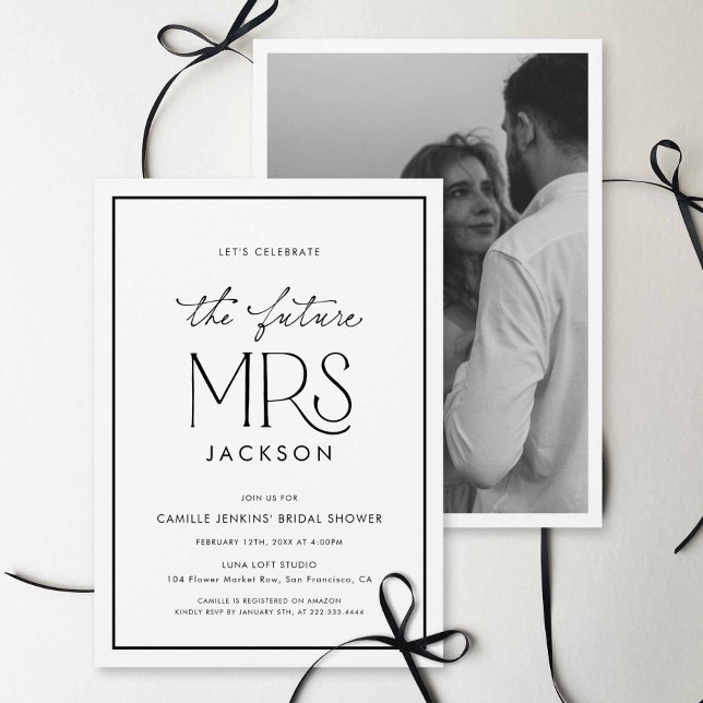 Convite de Chá de Noiva com Foto Preto e Branco (Minimalist Elegant Future Mrs Bridal shower Photo invitation)