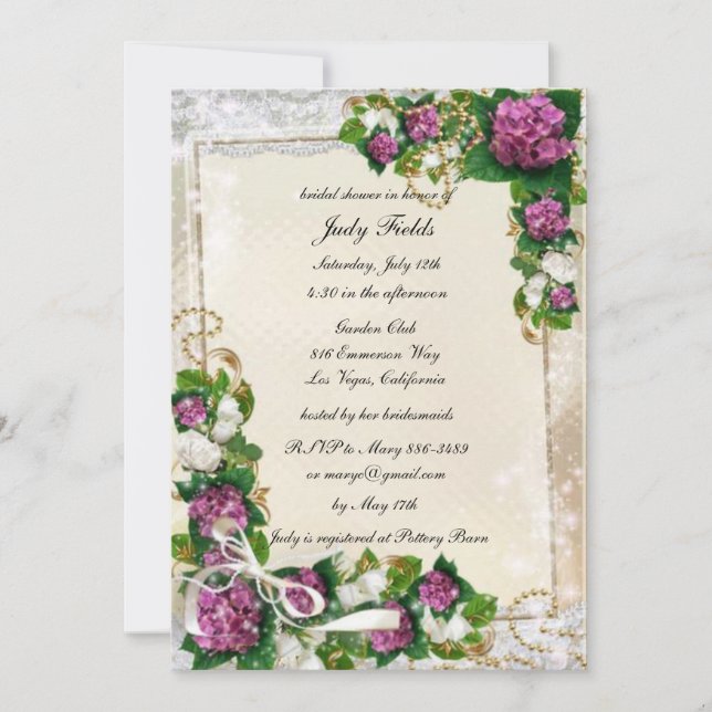 Convite de Chá de Noiva com Hortênsia Roxa e Renda (Frente)