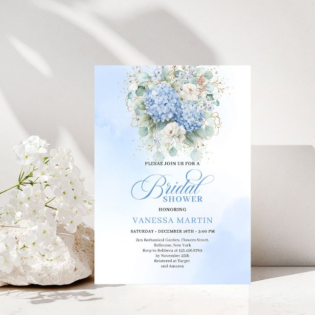 Convite de Chá de Noiva com Hortênsias Azuis Atemp (Timeless Blue Hydrangeas Bridal Shower Invitation)