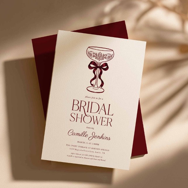 Convite de Chá de Noiva com Laço Borgonha (Burgundy Bow Bridal Shower Invitation)