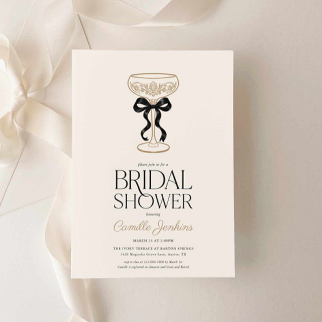 Convite de Chá de Noiva com Laço Preto e Champanhe (Bows and Bubbly Bridal Shower Invitation)