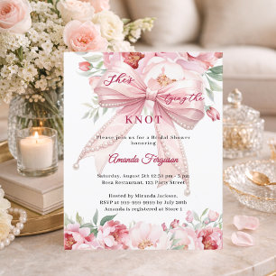 Convite de chá de noiva com laço rosa e pérolas fl