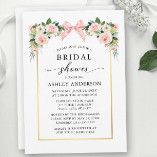 Convite de Chá de Noiva com Laço Rosa Floral Aquar