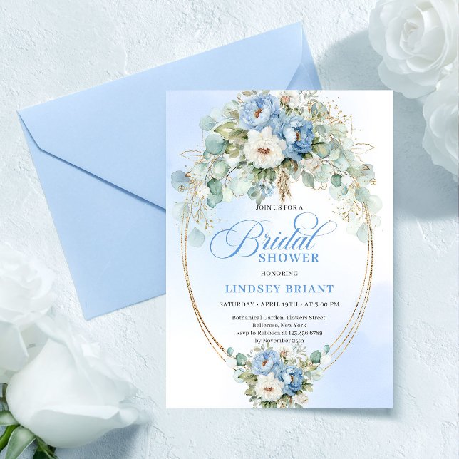 Convite de Chá de Noiva com Peônias Azul Claro e D (Soft Light Blue Peonies Gold Bridal Shower Invitation)