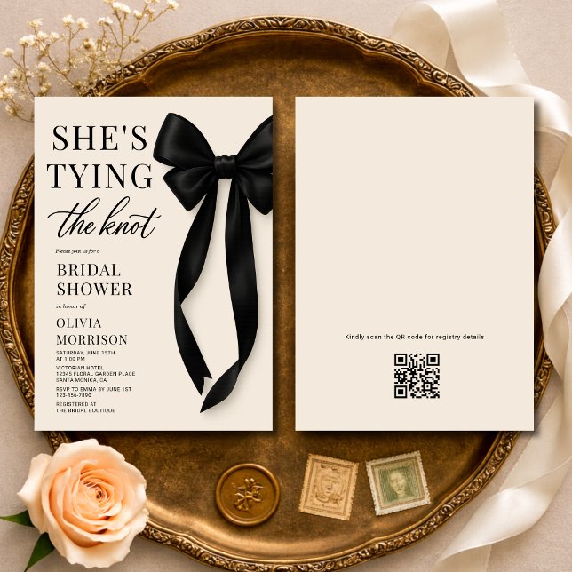 Convite de Chá de Noiva com QR Code She's Tying Th (Criador carregado)