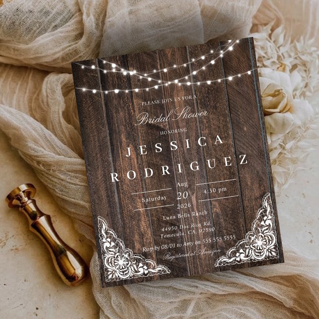 Convite de Chá de Noiva com Renda de Madeira Rústi (Budget Rustic Wood Lace Bridal Shower Invitation)